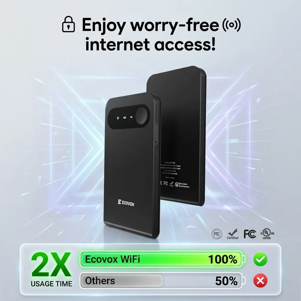 [ECOVOX]WIFI 4G LTE Portable WiFi Hotspot – Pay-As-You-Go Wireless Internet, No SIM Card or Contract Needed, Auto Network Switching, Connect Up to 9 Devices, Free 1GB Local Data for Travel, Camping & Outdoor Use