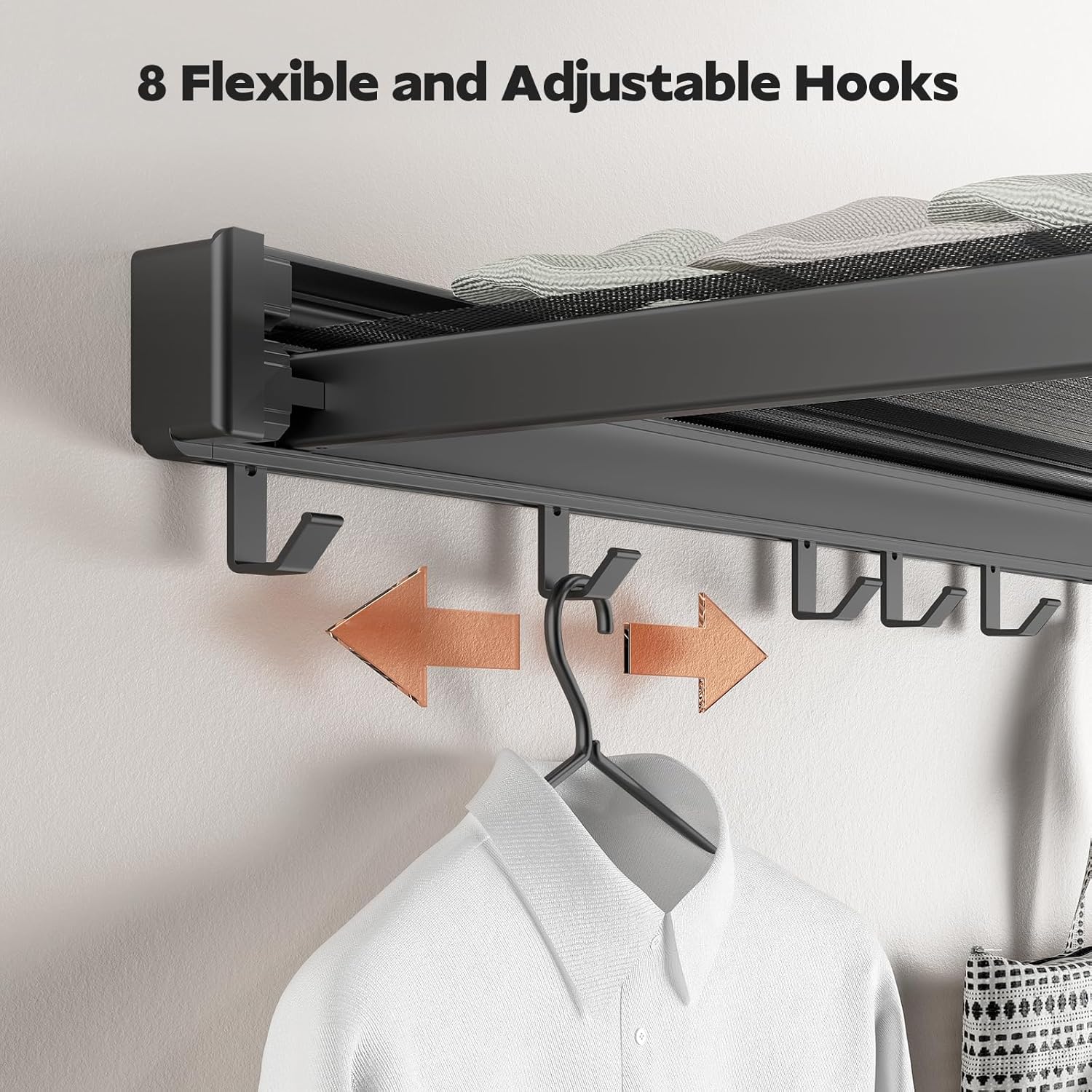 Space Saving Wall Mounted Towel Rack, Foldable Aluminum Towel Bar with Mesh Design, Rustproof with 6 Removable Hooks, No Drill Installation for Bathroom Balcony Laundry