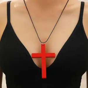 Punk Wood Cross Pendant Necklace for Women Men Vintage Hip Hop Red Big Cross Beaded Sweater Chain Necklace Y2K Halloween Jewelry