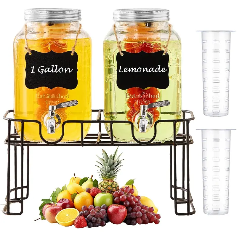 1 Gallon Glass Beverage Dispenser Set of 2 with Stand & Fruit Infuser, Stainless Steel Spigot, Beverage Dispenser for Parties, Weddings, BBQs, Lemonade, Sun Tea, Juice & Cold Drinks