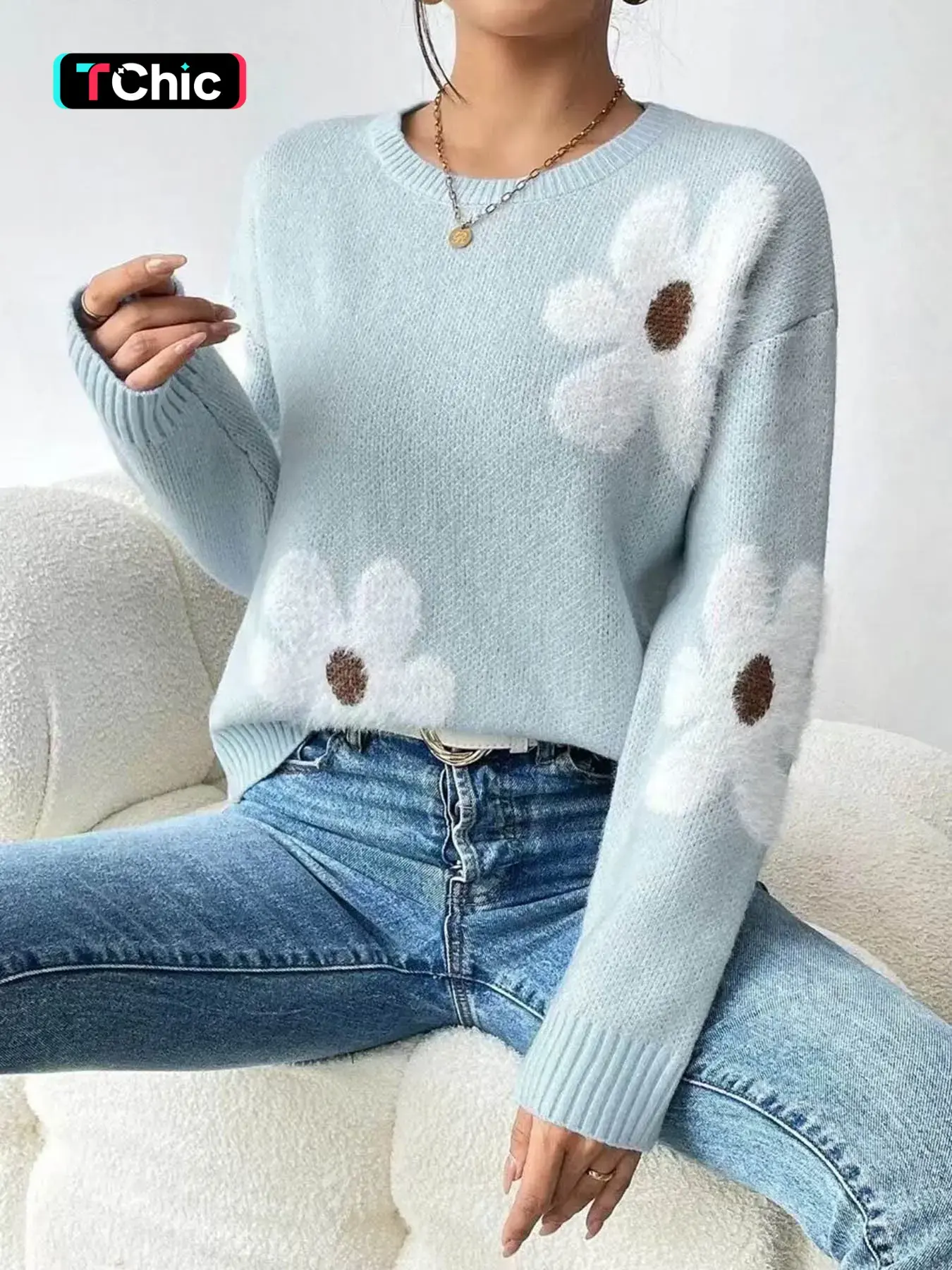 Autumn Winter High-End Slimming Comfortable Fashion Versatile Age-Reducing Loose Fit Round Neck Floral Flower Warm Knit Top, Elegant Casual Commute Long Sleeve Sweater, Casual Pullover Tops