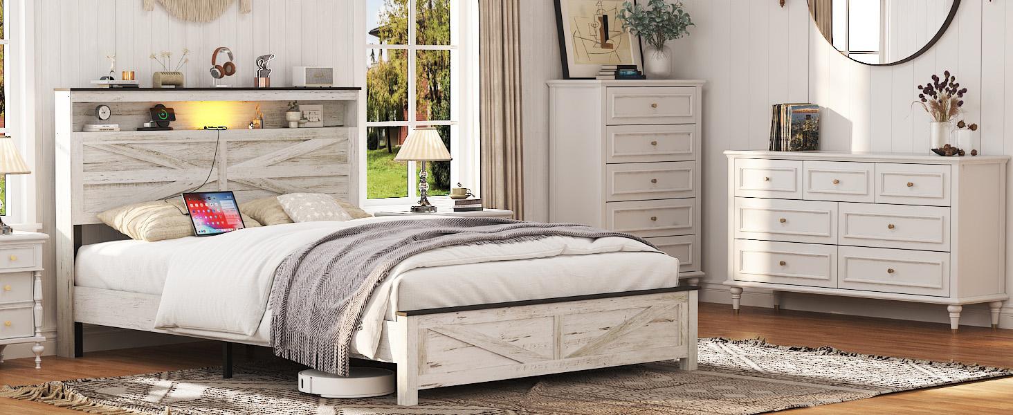 ARCH Queen Bed Frame Farmhouse, Queen Size Bed Frame with Storage Headboard & LED Lights, Charging Station Boho Platform Bed, Queen Bed Frame Metal Slats No Box Spring Needed Bedroom Set