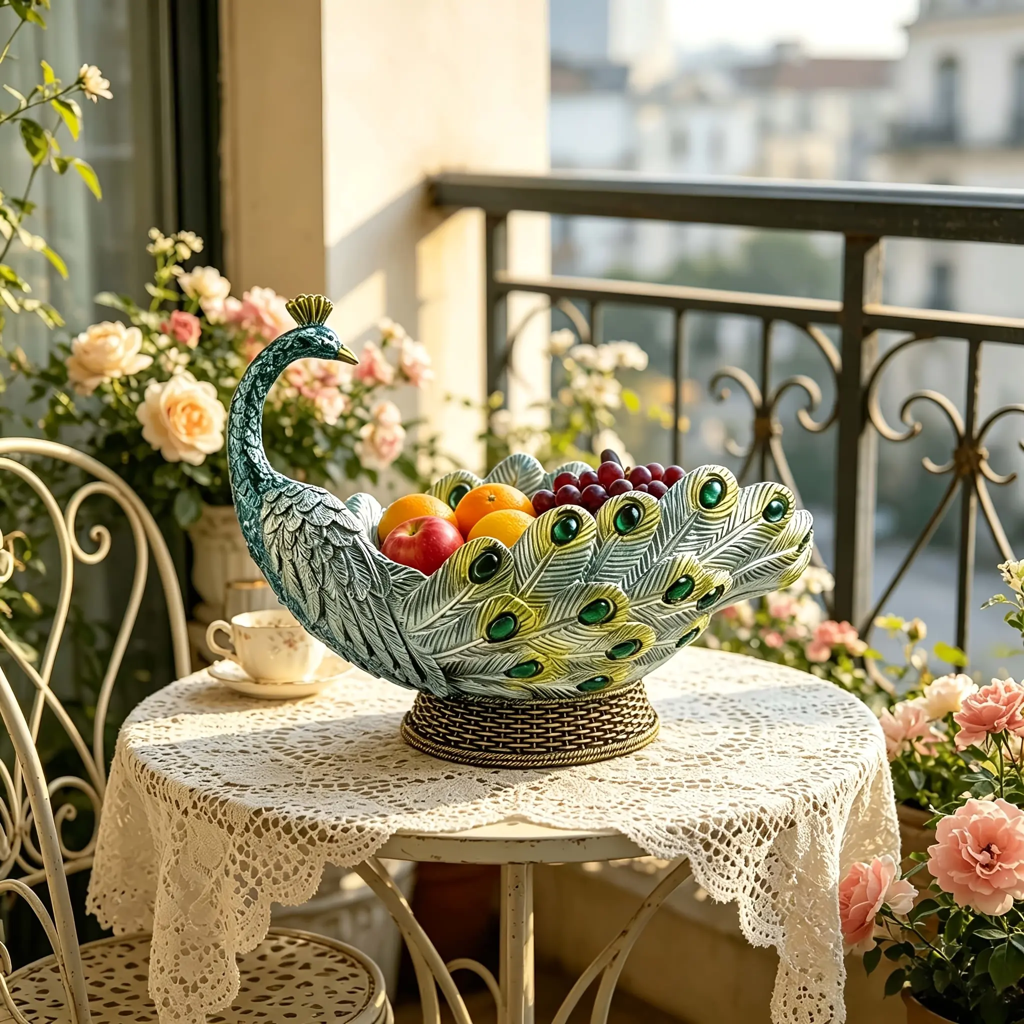 Large Bohemian Peacock Centerpiece Bowl - Handmade Resin Table Decor with Peacock Tail Feather, Large-Capacity Suitable for Parties, Weddings, Rustic Home & PC Resin Fruit Basket for Fruit Bowl, Dessert Table Display