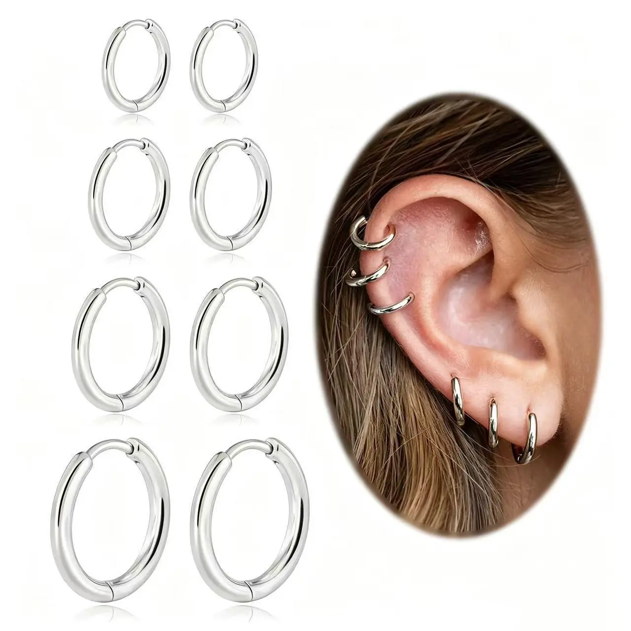 18K Gold Plated 8Pcs(4-Pairs) Unisex Hoop Earrings Set 316L Stainless Steel 6mm 8mm 10mm 12mm Stackable Hypoallergenic Earrings Hoop Cartilage Helix Earrings For Men Women