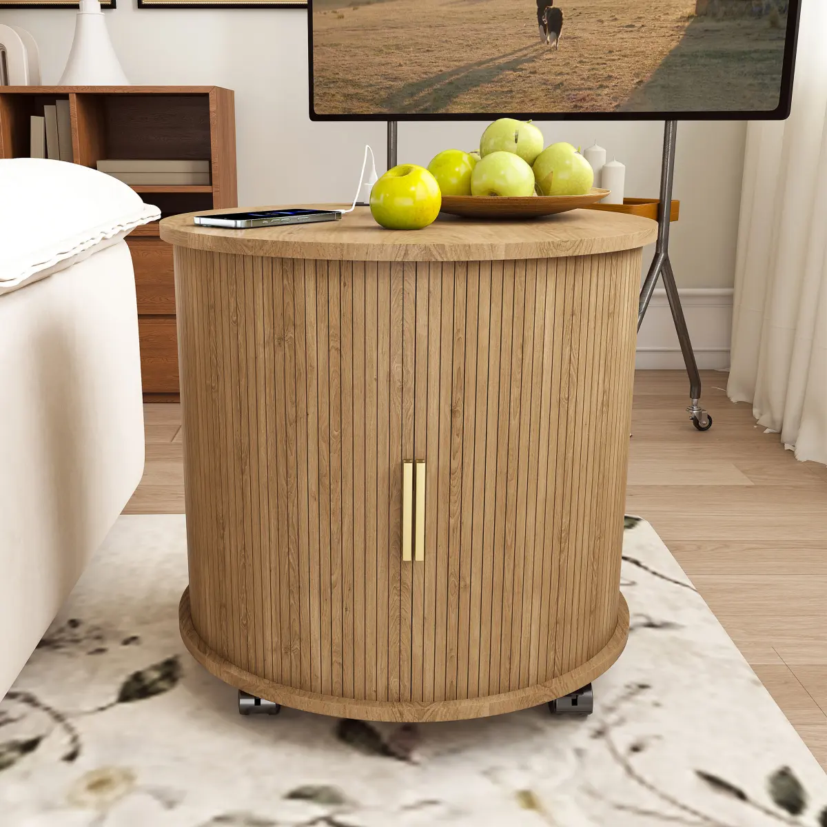 Set of2 Mid Century Modern Cylinder End Table with Built-in Charging Station & Sliding Door, 2-Tier Storage Round Nightstand with USB Ports, Osk Bedside Table for Living Room, Bedroom, Entryway