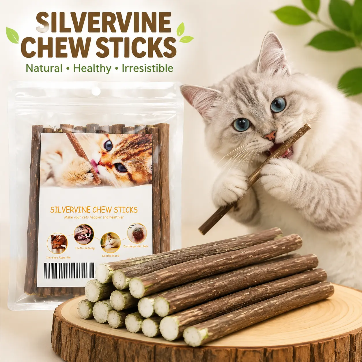 Silvervine Sticks for Cats, Natural Matatabi Catnip Chew Sticks, Cat Teething and Chew Toys for Kittens and Adult Cats, Interactive Indoor Cat Treats (12+ PCS)