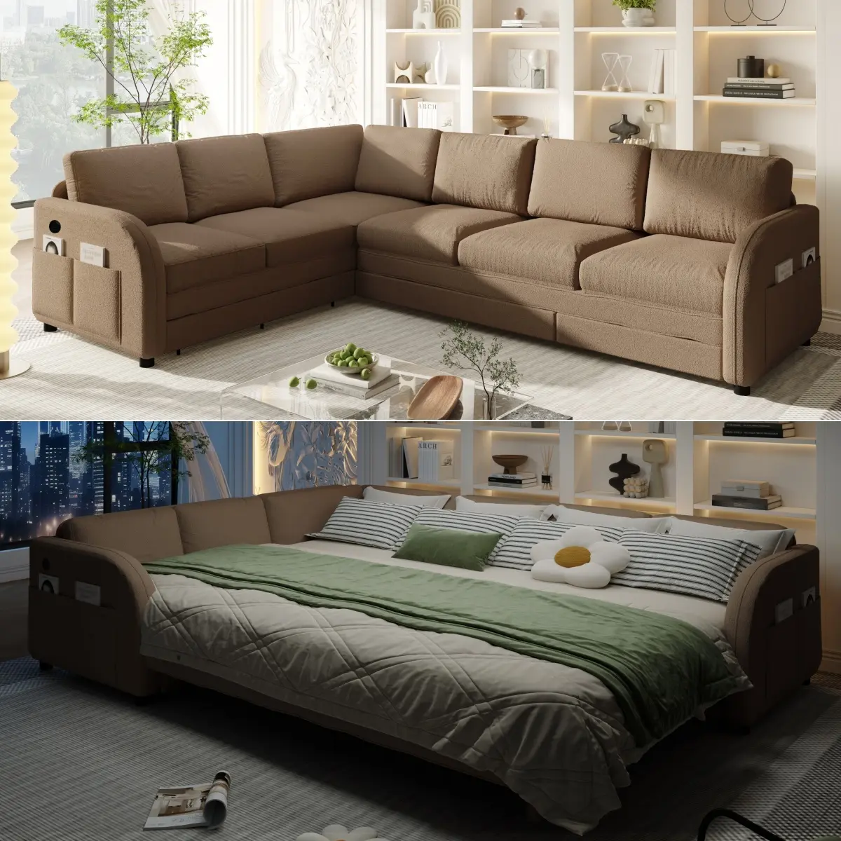 Aobtkel 115.2in L-Shaped Sectional Sofa Couch - Modern Oversized Convertible Sleeper with Pull-Out Bed, Left/Right Facing Option, Side Pocket, USB Port, Sherpa Fleece Upholstery, 6 Seats Max, Requires Setup, Brown, Couches For Living Room, Plush
