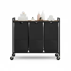 GAOMON 3-Section Laundry Hamper with Removable 48L Pull-Out Bags – Sturdy Metal Frame – Top Shelf for Folding – Rolling Storage Basket with Lid – Grey Board & Black – Ideal for Laundry Room Organization