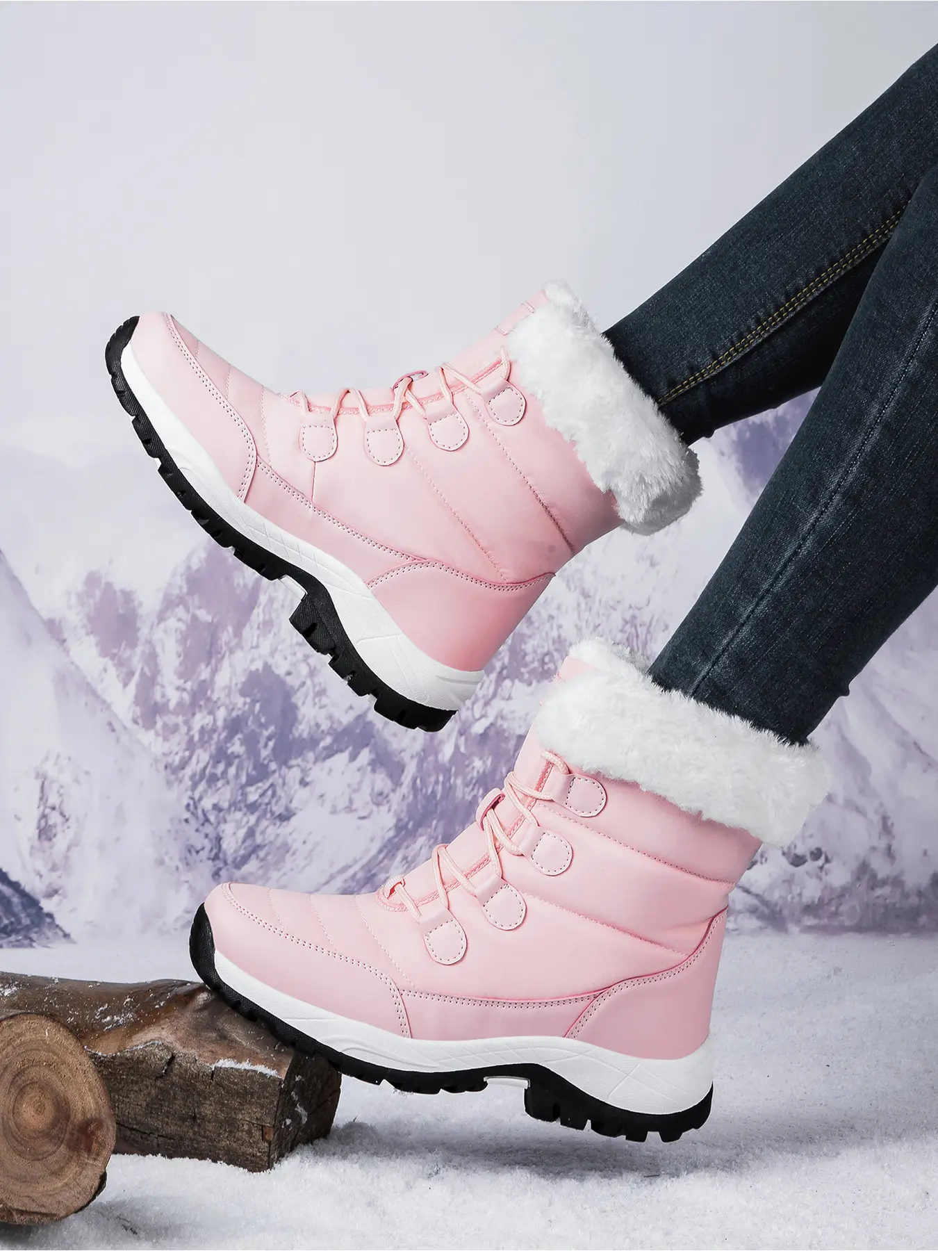 Women's Warm Faux Fur Collar Snow Boots, Lace-Up Mid-Calf Winter Boots, Slip Resistant Hiking Trekking Boots Suitable for Outdoor Sports & Daily Commute