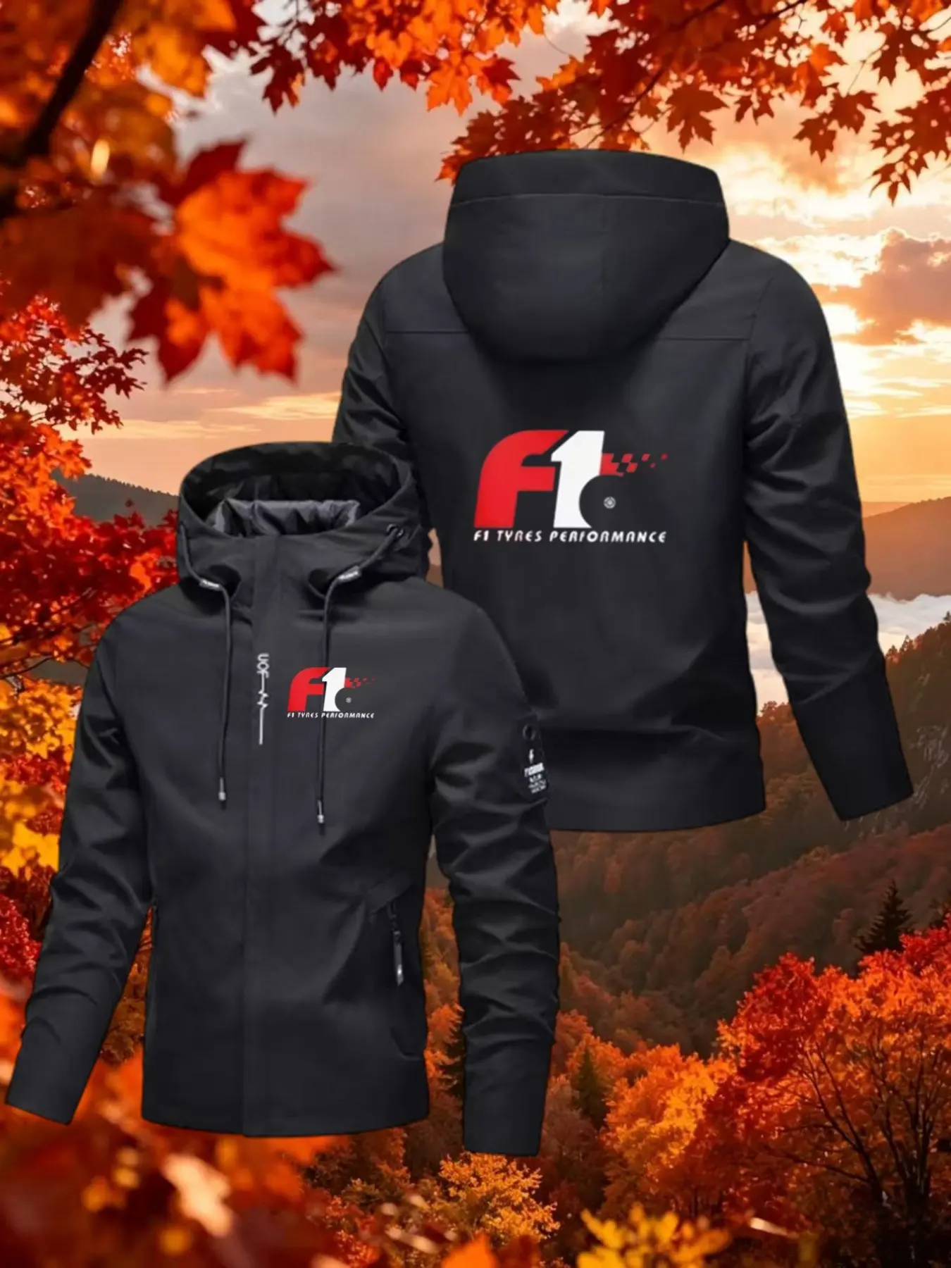 Men's F1 Racing Print Hooded Jacket, Spring Fall Trendy Casual Windproof Loose Outdoor Functional Coat, Men's Fashion Outerwear