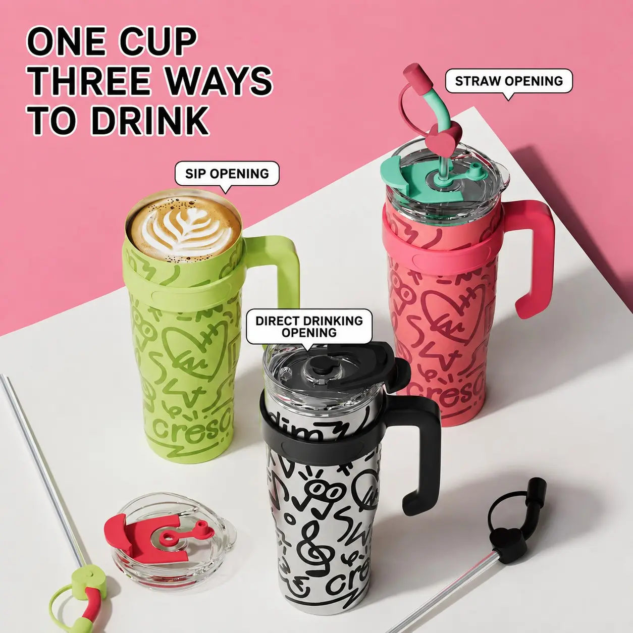 40oz Insulated Tumbler with Handle & Straw, Stainless Steel Water Bottle, 3-in-1 Drinking Cup for Hot & Cold Drinks, Leakproof Travel Mug for Gym Office Car