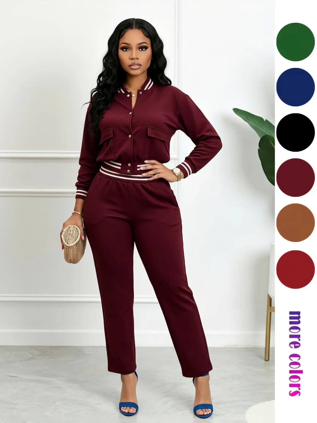 Women's American Vintage Style Casual Two-Piece Baseball Set, Striped Ribbed Knit Baseball Collar Button Short Jacket, Straight Leg Pants with Pockets