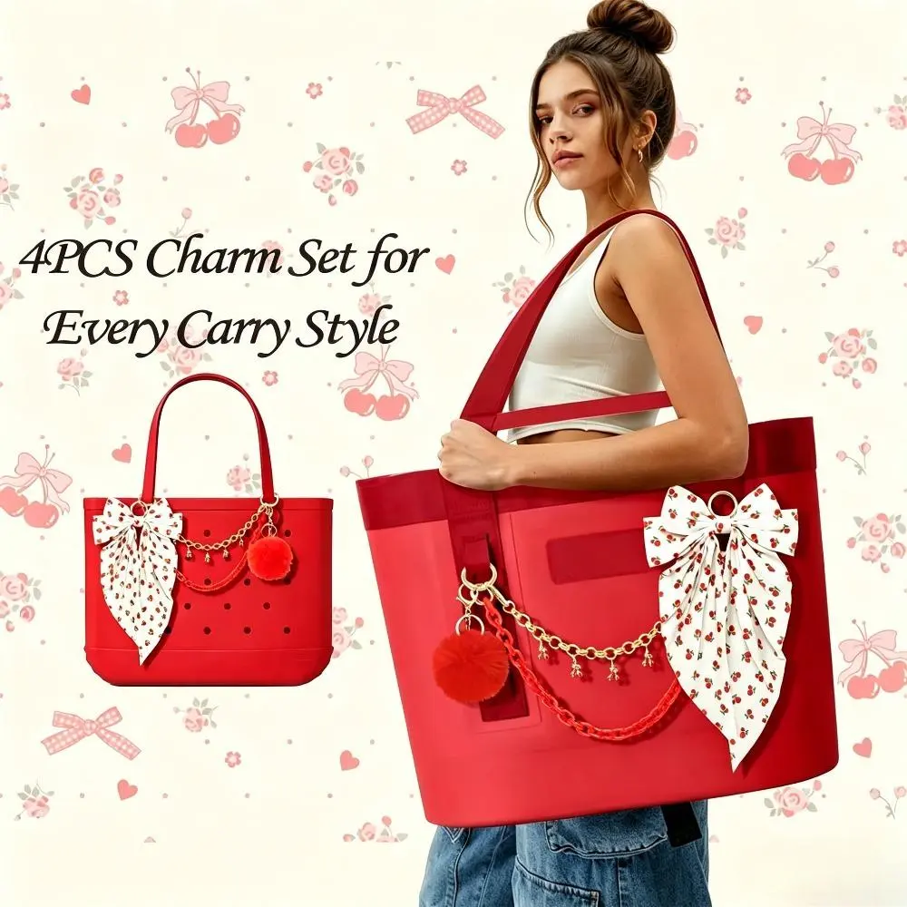 3-Piece Sweet Bag Charm Set with Cherry Print Polyester Bow Scarf, Fluffy Pompom & Red Chain Strap for Bag Decoration, Pom Pom Keychain, Cute Charm, Bag Not Included