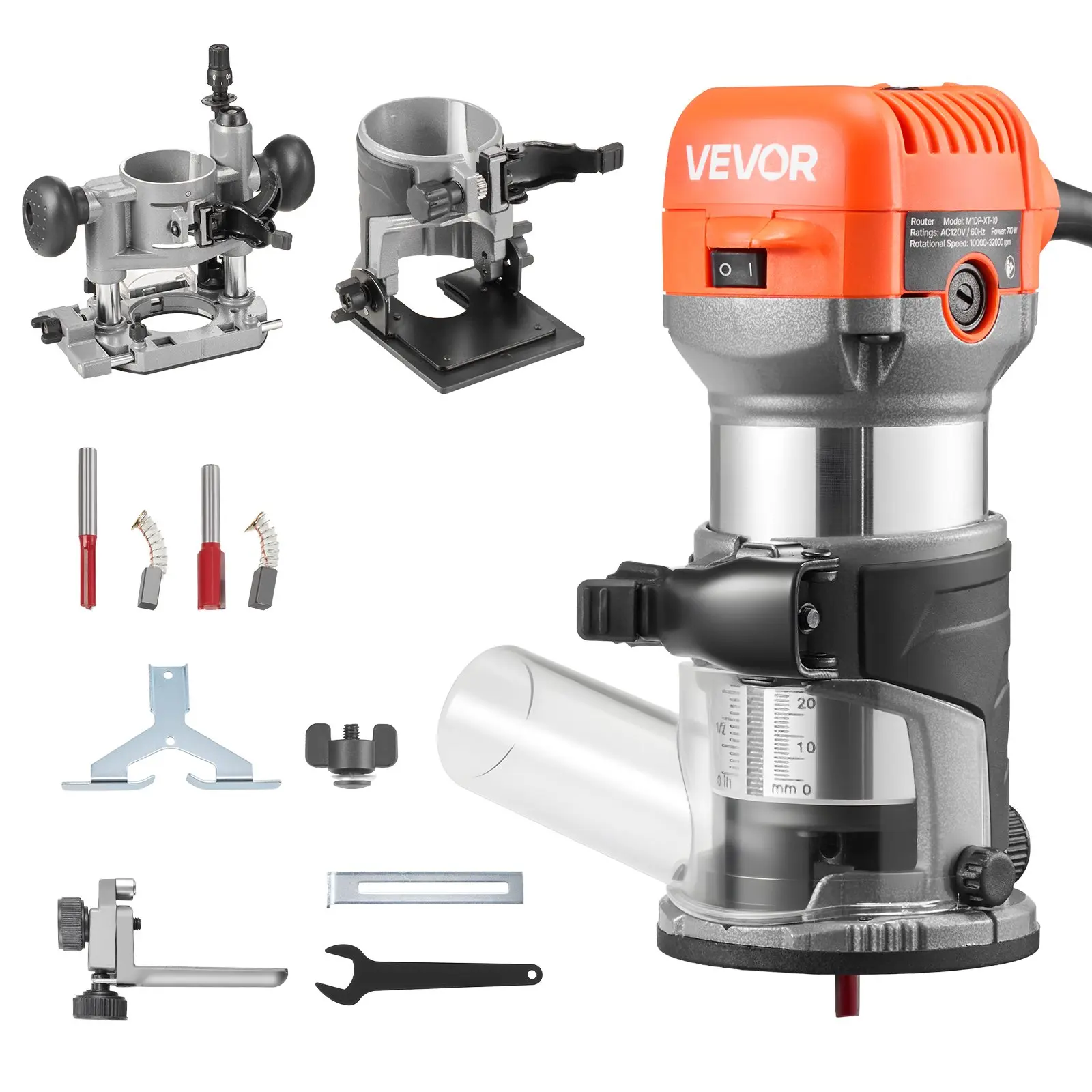 VEVOR 1 HP 710W Variable Speed Palm Wood Router, 1/4 in Collet Shank Router Bits, Compact Edge Trimmer with Fixed-Plunge Tilt Base, Soft Start, 10,000-32,000 rpm, Clean Operation, for Woodworking DIY Projects, Corded
