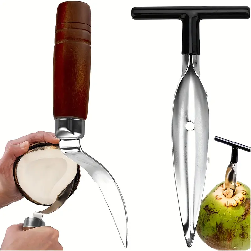 Coconut Opener Tool Set Coconut Meat Remover Stainless Steel Coconut Opener Scraper Knife Coconut Punch Tool with Durable Non-Slip Wooden Handle Scraper