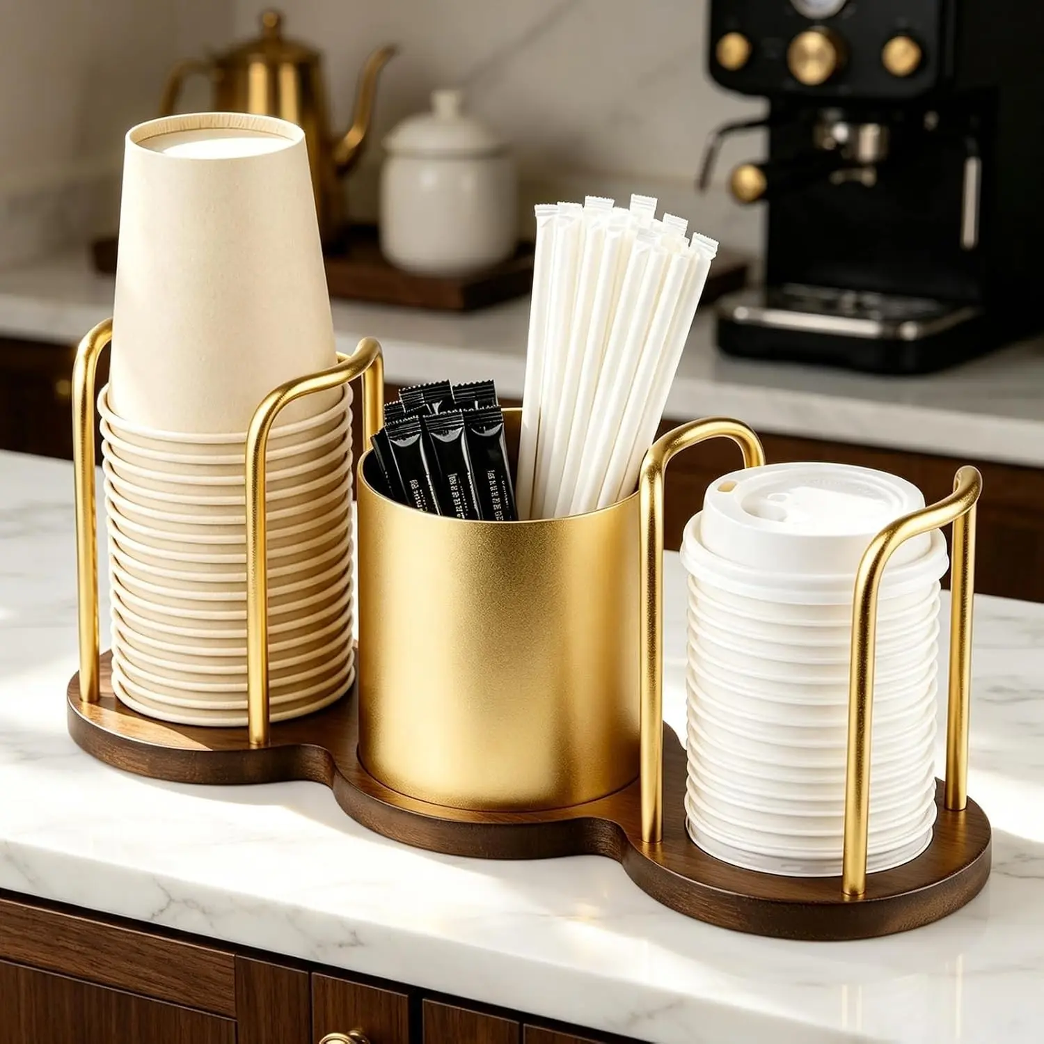 Coffee Cup Dispenser with Straw & Stirrer Storage Container | Wooden Base Multi Slot Disposable Cup Organizer for Home Kitchen Office Breakroom Cafe, Holds Paper Cups Lids Straws (Gold)