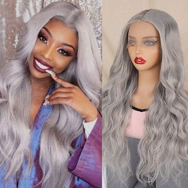 Grey Body Wave Synthetic Lace Front Wigs Glueless Silver Grey Loose Wave 13X4 HD Lace Middle Part Natural Hair Line 30 Inches 250% Density Heat Resistant Fiber Hair Wigs for Women Daily Party Cosplay Use