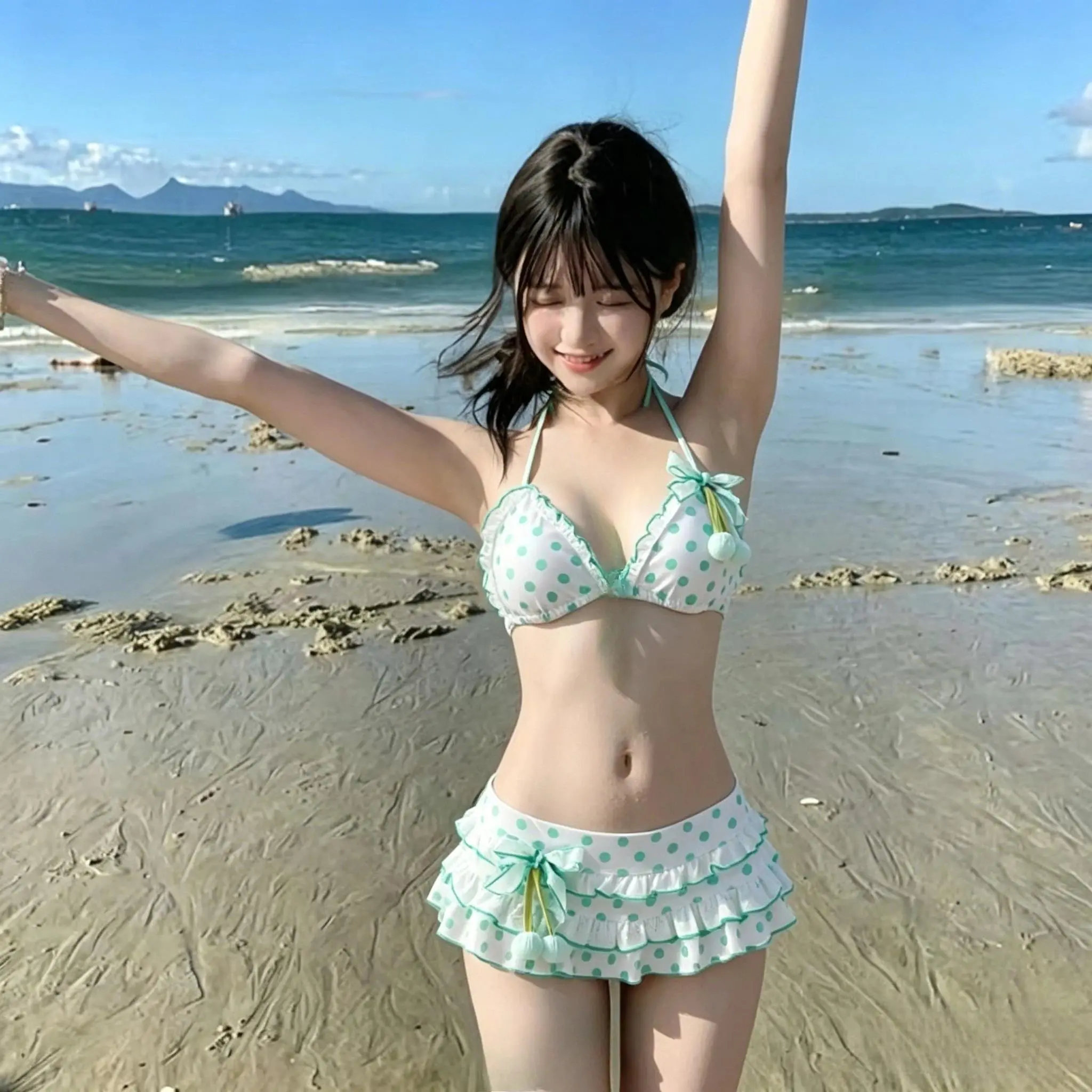 Japanese Polka Dot Bikini Set Tiered Skirt Ruffle Bow Kawaii Y2K Cute Swimwear Vintage Swimsuit Beach Holiday Wear Summer 2026
