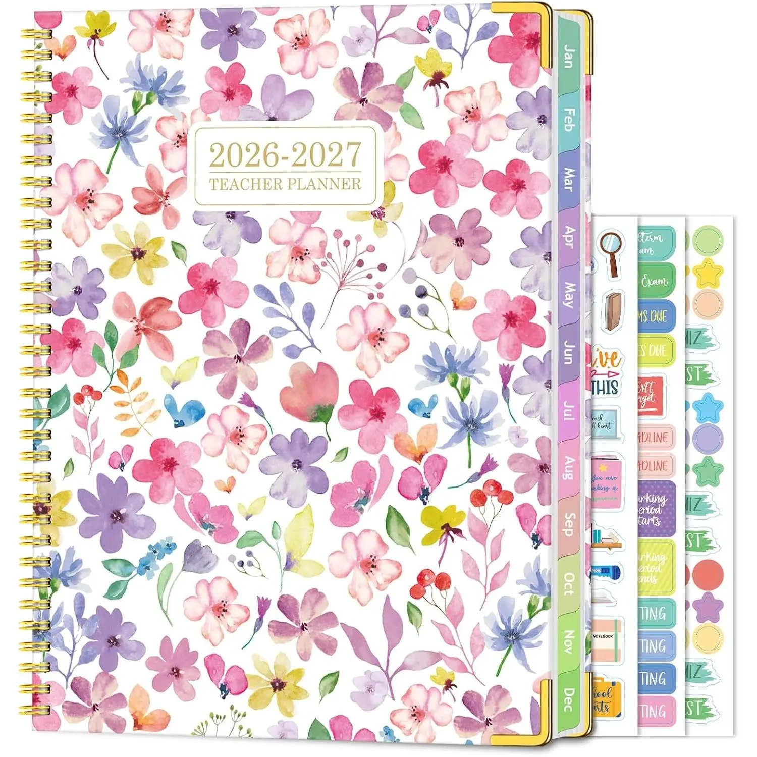 Teacher Planner 2026-2027 Academic Year, July 2026-June 2027 Teacher Lesson Planner, 8.5" x 11" Weekly & Monthly Teacher Calendar Spiral Bound with Colorful Monthly Tabs, Blossoms