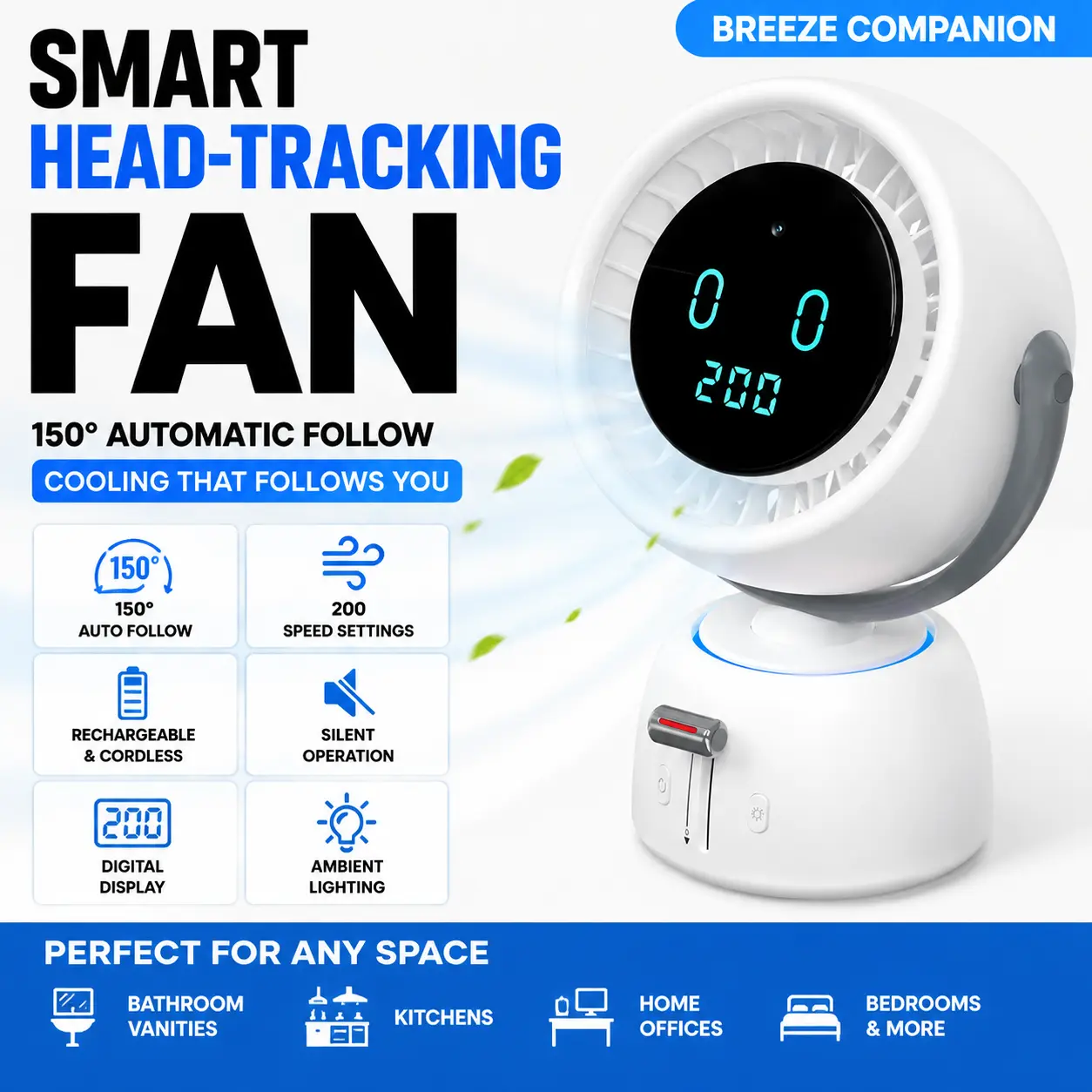 Cordless Rechargeable Compact Auto-Rotate Single Fan - 150° Auto Follow, 200 Adjustable Wind Speeds (Speed Control), Quiet Motor, Digital Screen, USB-C Power, Modern Home Decor for Home Users (USB & Mobile Electronics Accessory)