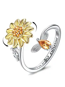 1pc Fashionable Rotating Rhinestone Ring For Women, Anxiety Relief Adjustable Open Ring, Delicate Niche Ring, Luxury Couple Wedding Gemstone Ring, Ladies Knuckle Ring With Bee & Daisy Flower Decor, Minimalist Couple Jewelry Romantic Joint Ring