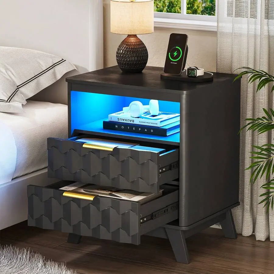 Black Modern 2-Drawer Smart Bedside Table with 3-Color LED Lights, Human Body Sensing, Charging Station, Hidden Compartment, Adjustable Mobile Design for Bedroom, Office, 2 Drawers