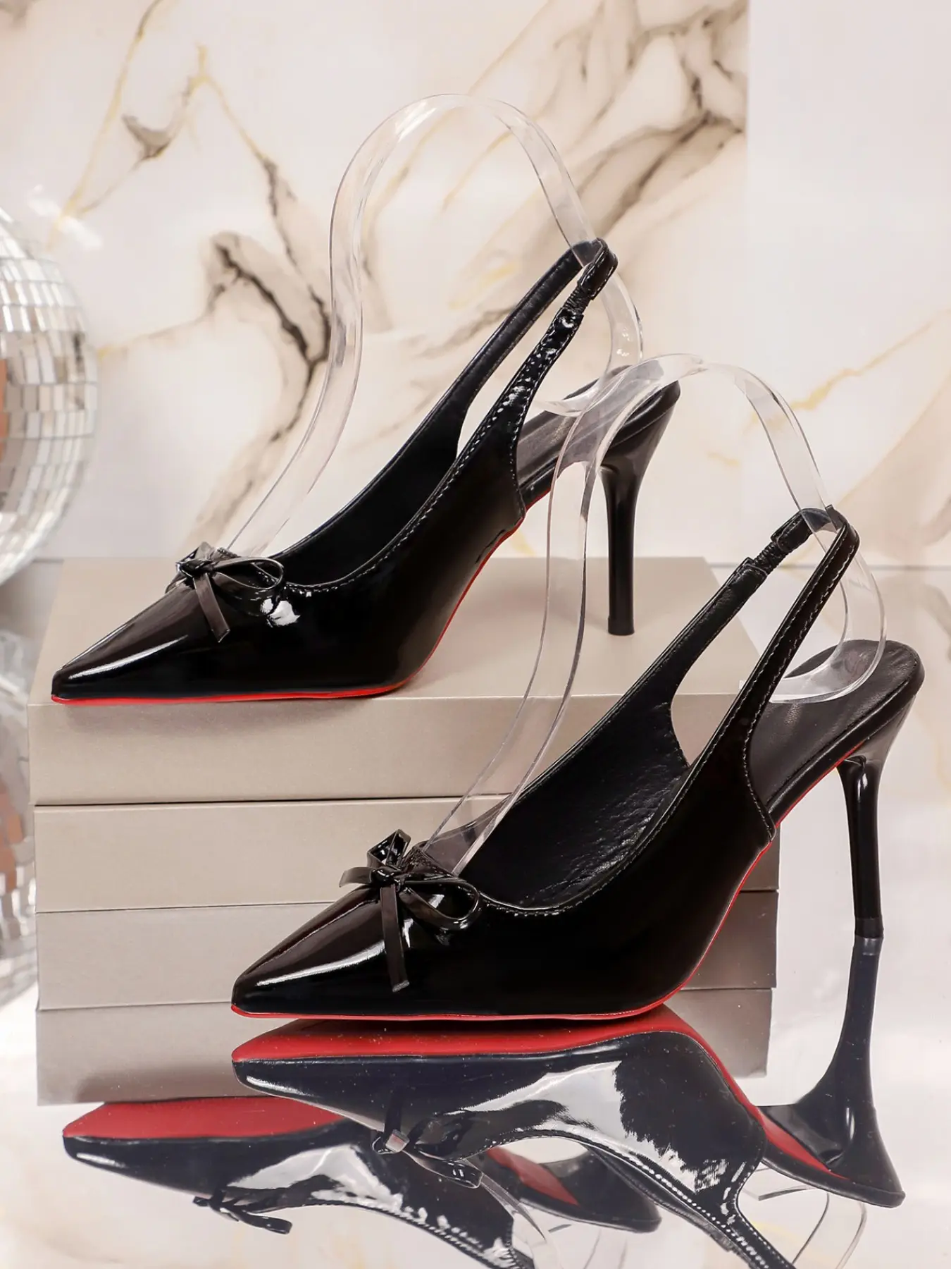 Women Mini Bow Pointed Toe Slingback Stiletto Heels, Glossy Patent Elastic Back Strap Dress Pumps, 2 Colors Black Nude