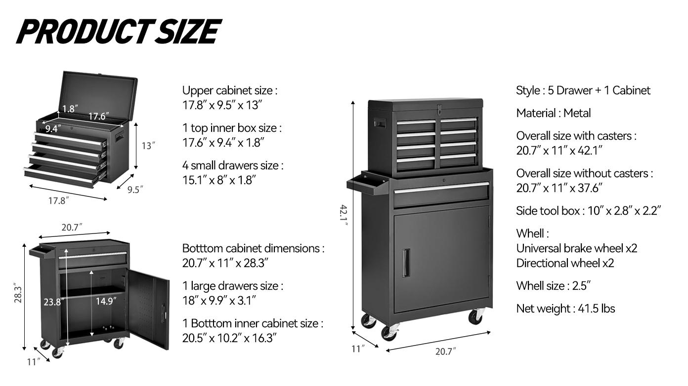 20.70*11.00*42.10 Inch Rolling Tool Chest Cold-Rolled Steel Detachable 2-Piece Tool Cabinet 4 Universal Casters with Brakes Lockable Top Box EVA Lining Anti-Rust for Garage Workshop