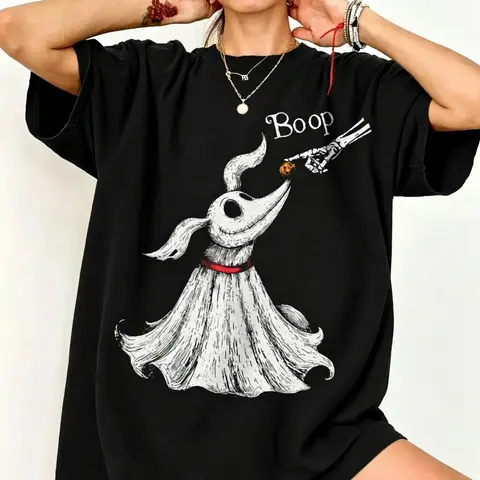 Ghost Dog Boop Skeleton Hand Funny T-Shirt, Halloween Trip Tee, Spooky Graphic Tee, Casual Women's Graphic T Shirt