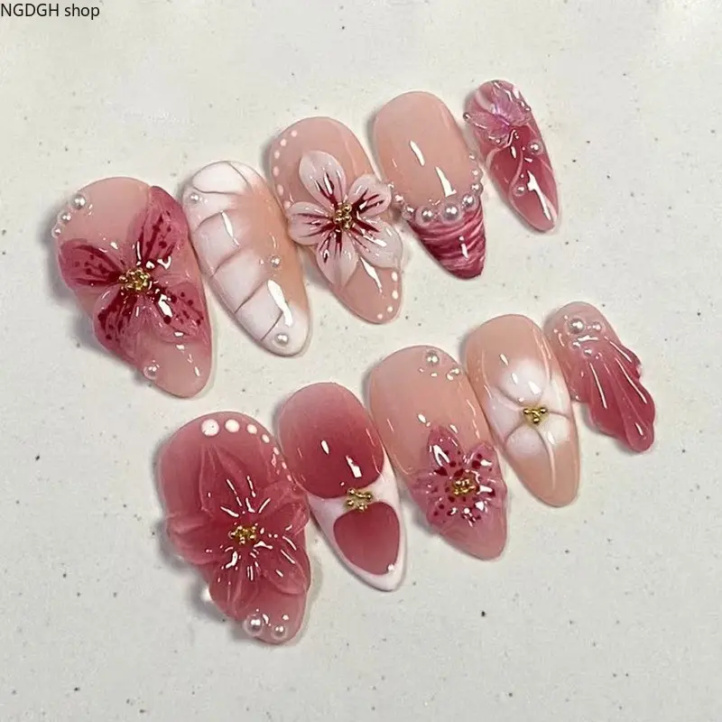 Nail Art - Silver Star Glitter Nude Press On Nails Long Almond Sparkle 3D Glam Fake Nails Nail Art Accessory Women