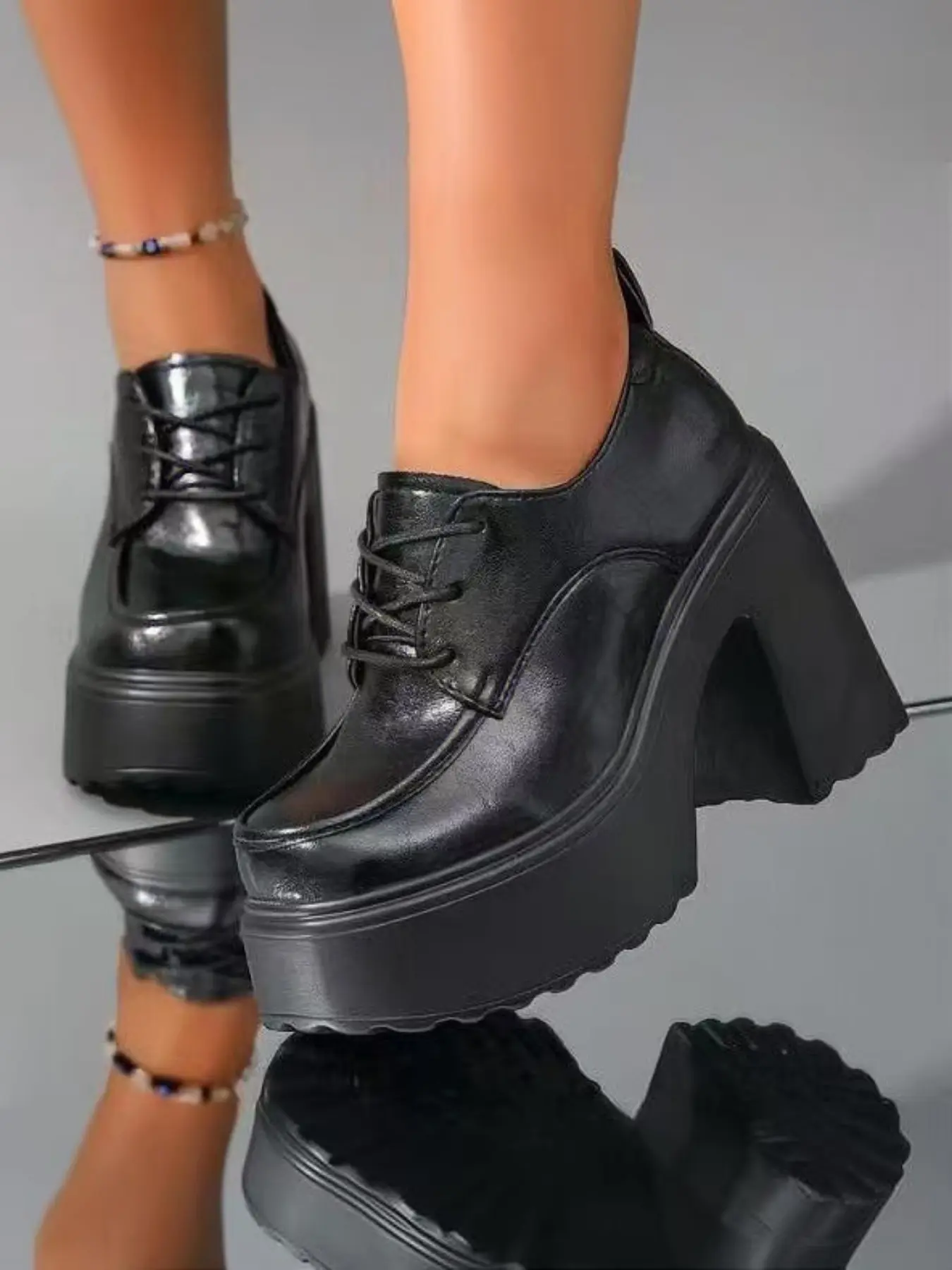 New Retro Washed Thick Sole Small Leather Shoes for Women, Laces Chunky Heel Waterproof Platform High Heels, Gothic Punk Boosting Shoes
