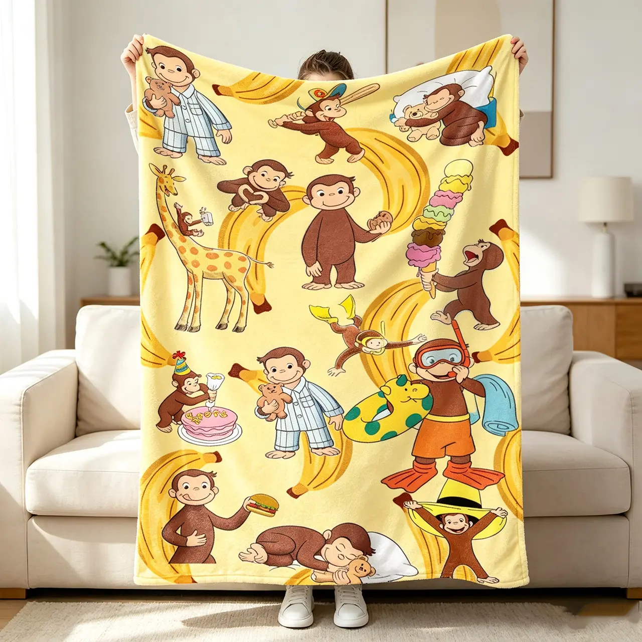 Curious George Inspired Flannel Blanket Soft Warm Cartoon Monkey Throw Blanket for Couch Chair Sofa Bed Funny Decorative Bedspread Kids Room Decor Birthday Christmas Gift for Fans