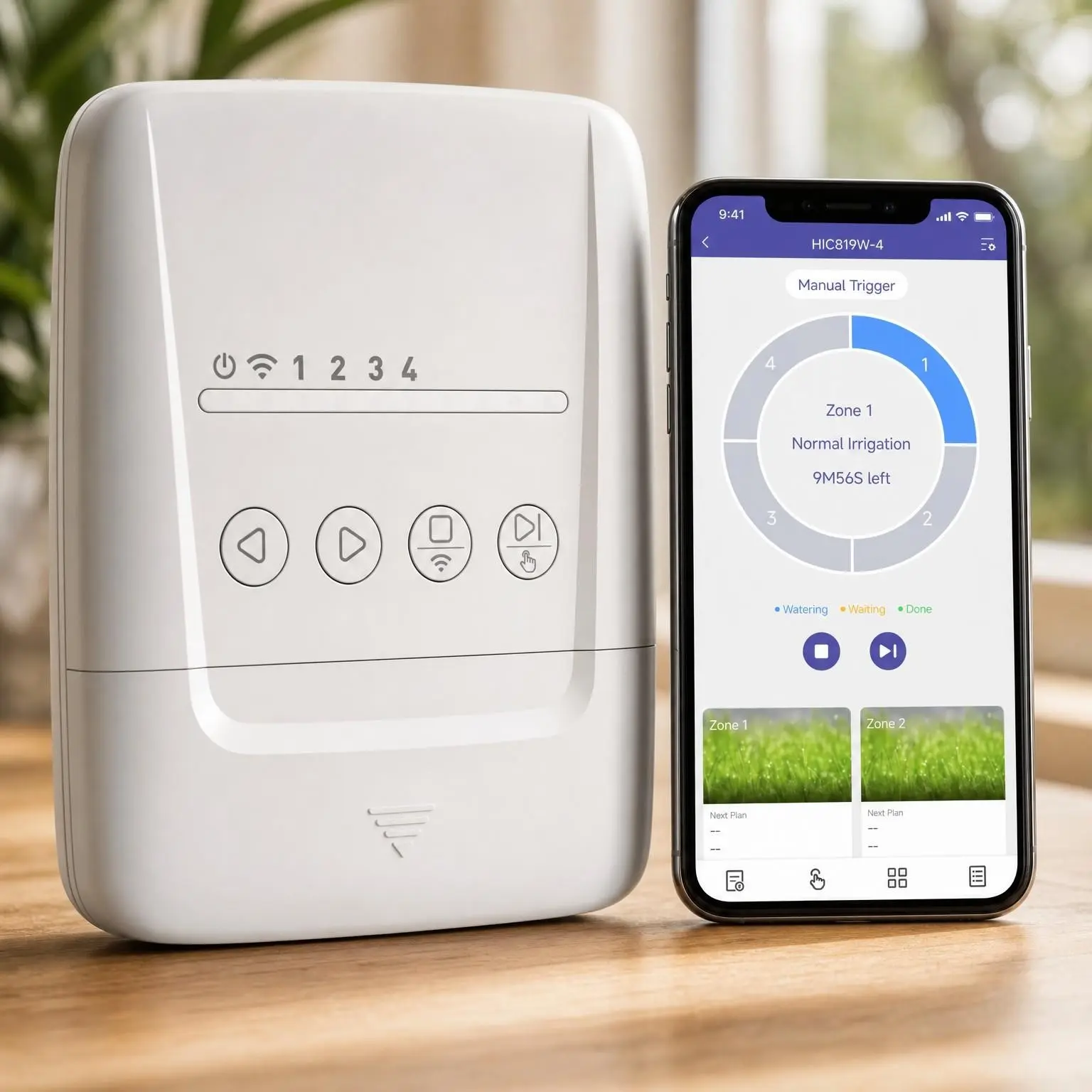4 Zone Smart Sprinkler Controller with Local Weather Intelligence and Atmosphere Lights, Automated Watering and App Control WiFi Irrigation System, Save Water Through Rain Skip