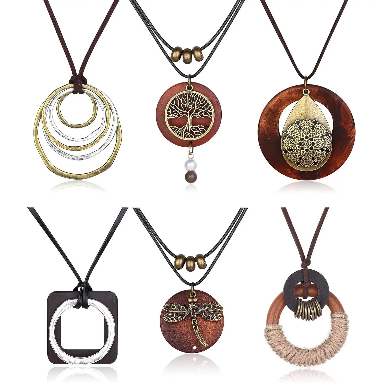 FUNRUN 6Pcs Boho Layered Necklace Set • Vintage Wooden Long Pendant Necklace • Y2K Hippie Statement Jewelry for Women