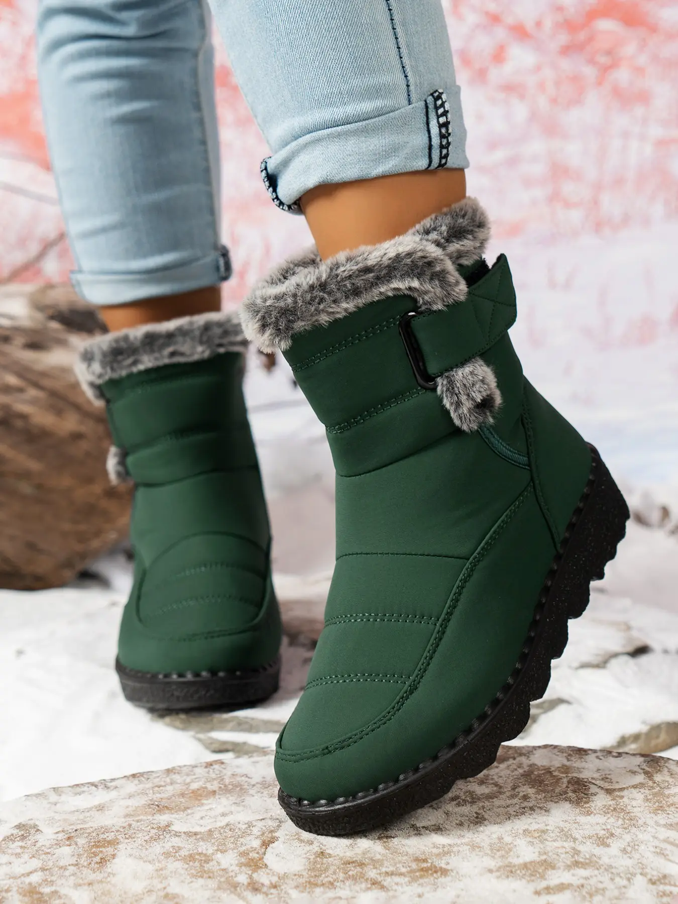 Women's Waterproof Mid-Calf Snow Boots, Round Toe Adjustable Buckle, Warm Textile Upper, PU Sole, Ideal for Winter Outdoor Activities, Casual Boots