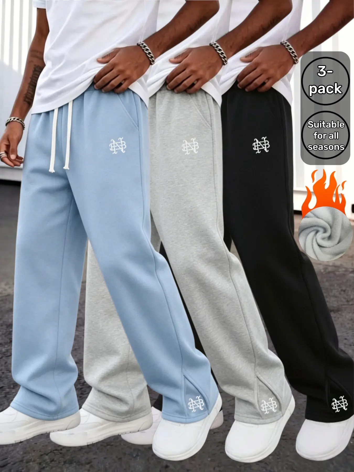 3-Pack Vintage Streetwear Embroidered Split Sweatpants, Solid Color Drawstring Loose Fit Casual Long Pants, Practical Pockets for Daily Use