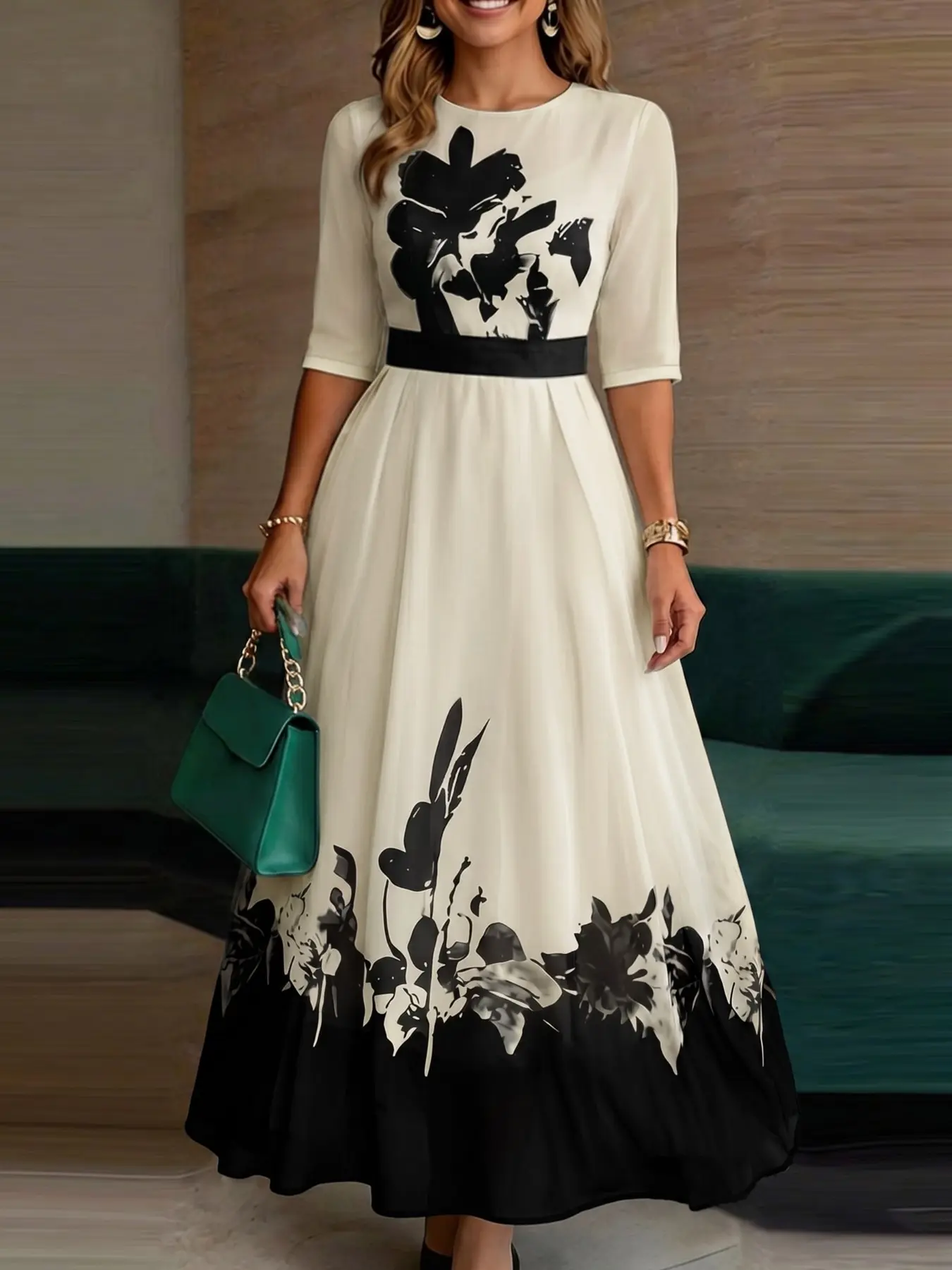 ZANZEA Women's Printed Floral Round Neck Half Sleeve Midi Dress, Slim-Fitting Office Style Long Dress, European and American Fashion, Elegant