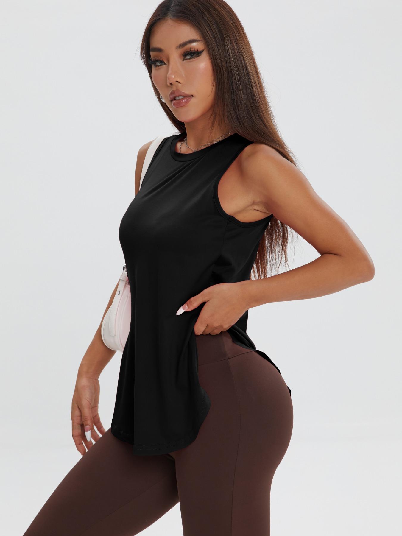 Women's Solid Color Asymmetrical Hem Sports Tank Top, Casual Curved Hem Sleeveless Round Neck Sports Top for Yoga Gym Workout Running, Ladies Sportswear for All Seasons