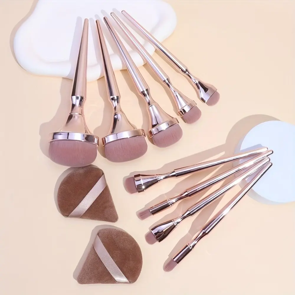 Rose Gold Toothbrush Makeup Brush Set, 9 Pieces + 2 Puff, Powder Brush, Blush Brush, Eyeshadow Brush, High-End Electroplated Handle, Beauty Tools, Makeup Blending Brushes, Cosmetic Brush Set