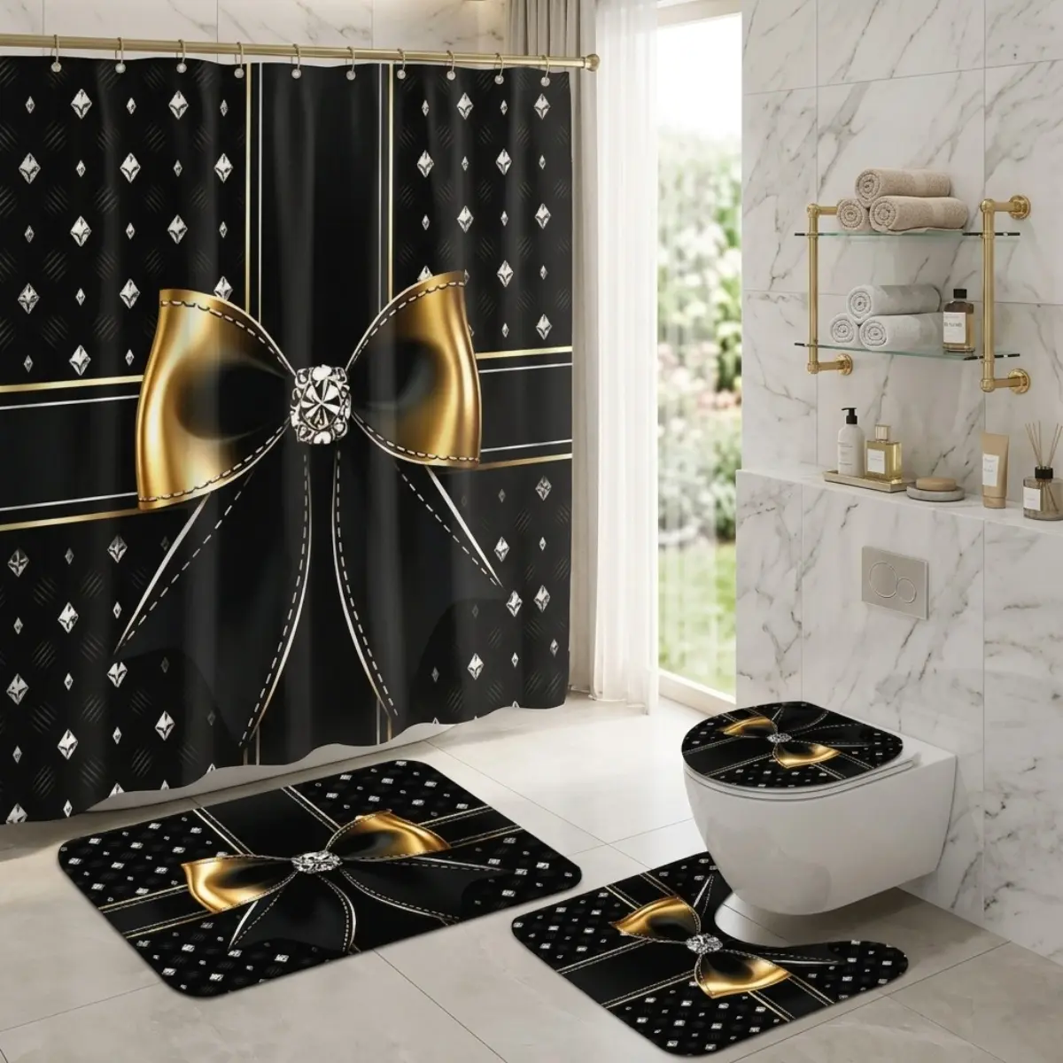 4pcs TikTok Shop Bowknot Black Gold Shower Curtain Set, Elegant Diamond Print Bathroom Decor, Luxury Holiday Glam, Festival Bathroom Style, Trending Home Decor