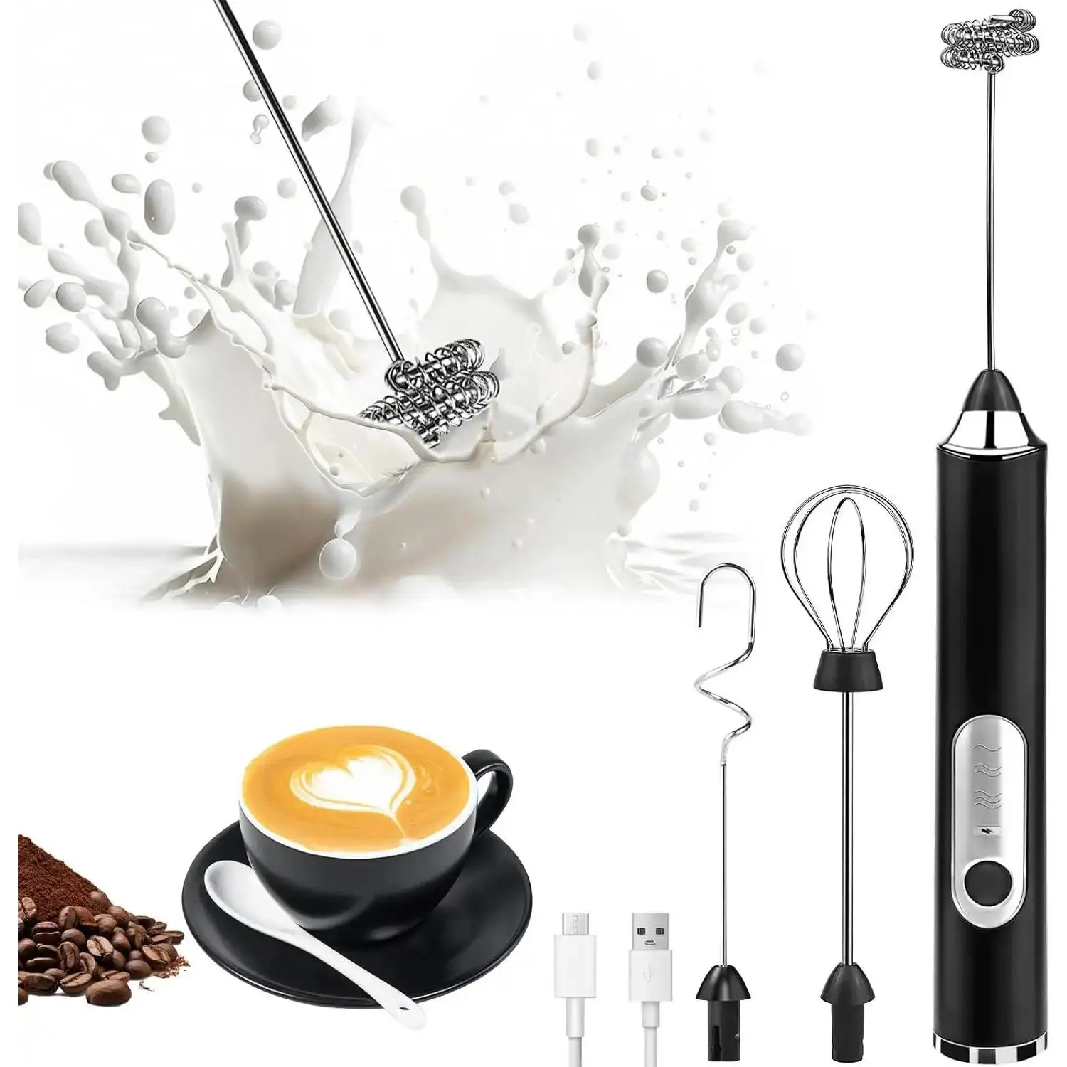 Handheld Stainless Steel Electric Milk Frother - 3-Speed Mixer with Detachable Heads, Rechargeable Lithium Battery, USB Input, Food Contact Grade, Portable Size Compact Kitchen Appliance for Latte, Christmas Gift