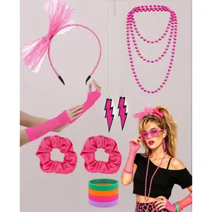 80s Themed Accessory Set for Women – Neon Scrunchies, Fishnet Gloves, Necklace, Bracelets, Glasses, Earrings & Headband – Perfect for 80s Cosplay, Costume Party, Halloween