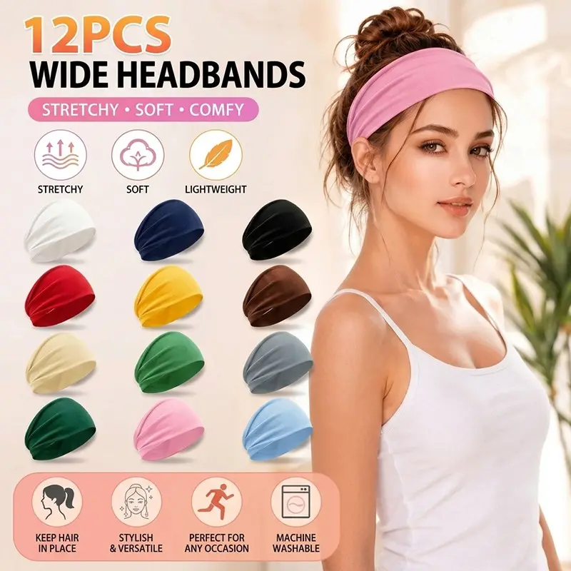 12pcs Multi-Color Women's Headbands, Non-Slip Sweat Bands for Yoga, Fitness, Sports, Skincare, Makeup, Hair Accessories, Soft Sports Headband