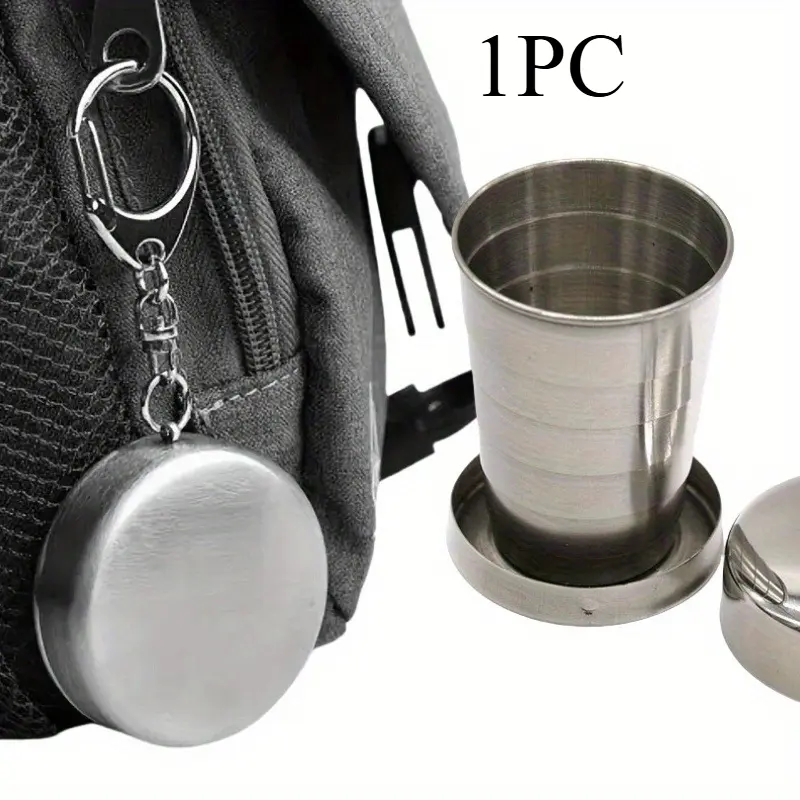 Collapsible Stainless Steel Cup with Carabiner – Portable travel water cup, outdoor folding cup, camping/picnic cup (for wine, coffee, or beverages), household tea cup, multifunctional liquid container.