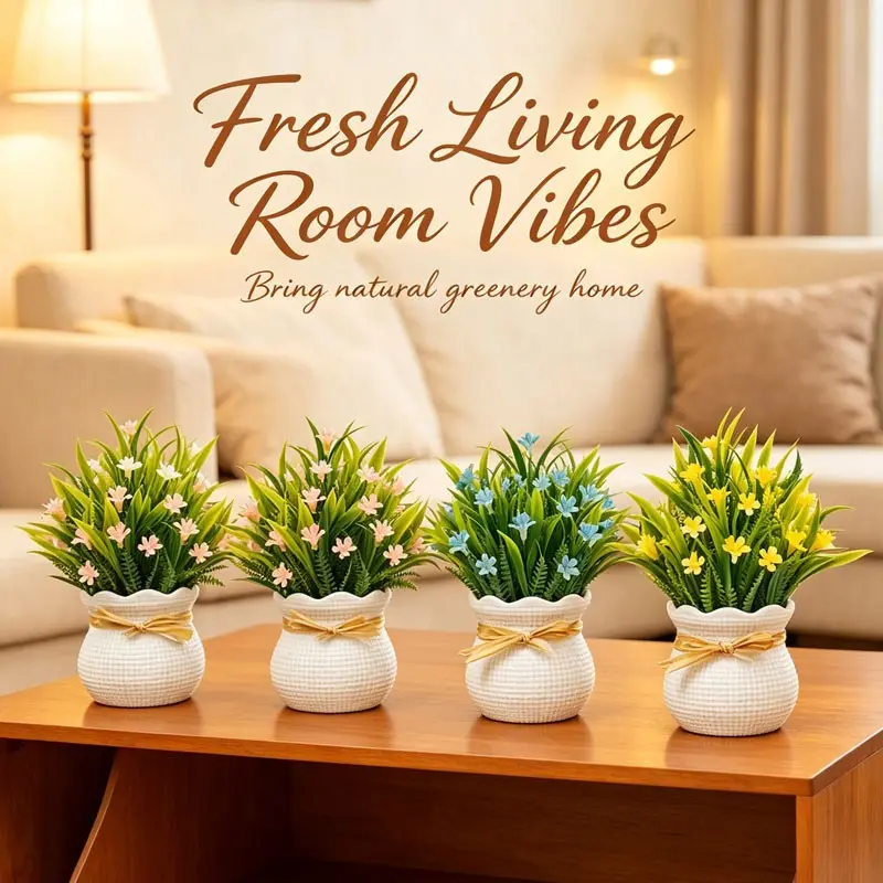 4 sets of small artificial flower pots and plants, suitable for decoration throughout the year, applicable for flower art ornaments, tabletops, home decoration, bathrooms and office decoration.