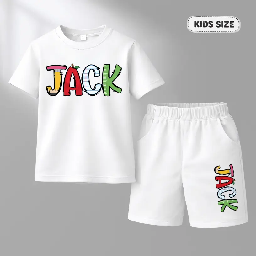 Boys’ School Theme Jack Graphic Short Sleeve T-Shirt and Shorts Set, Casual Summer Two Piece Outfit with Crew Neck Top and Comfortable Shorts for School, Travel, Daily Wear and Outdoor Activities