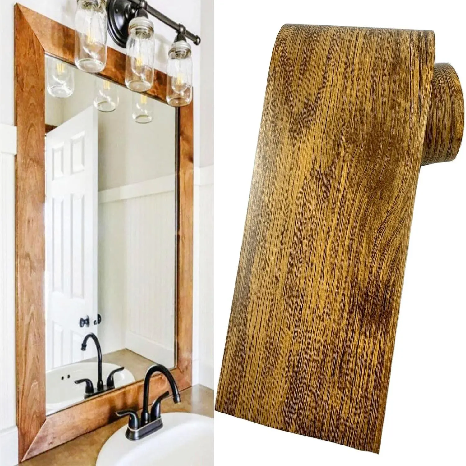DESOMINOR 32.8Ft Brown Border Peel &Stick Wood Grain Wallpaper Border Removable Waterproof Bathroom Mirror Frame Sticker (Brown)