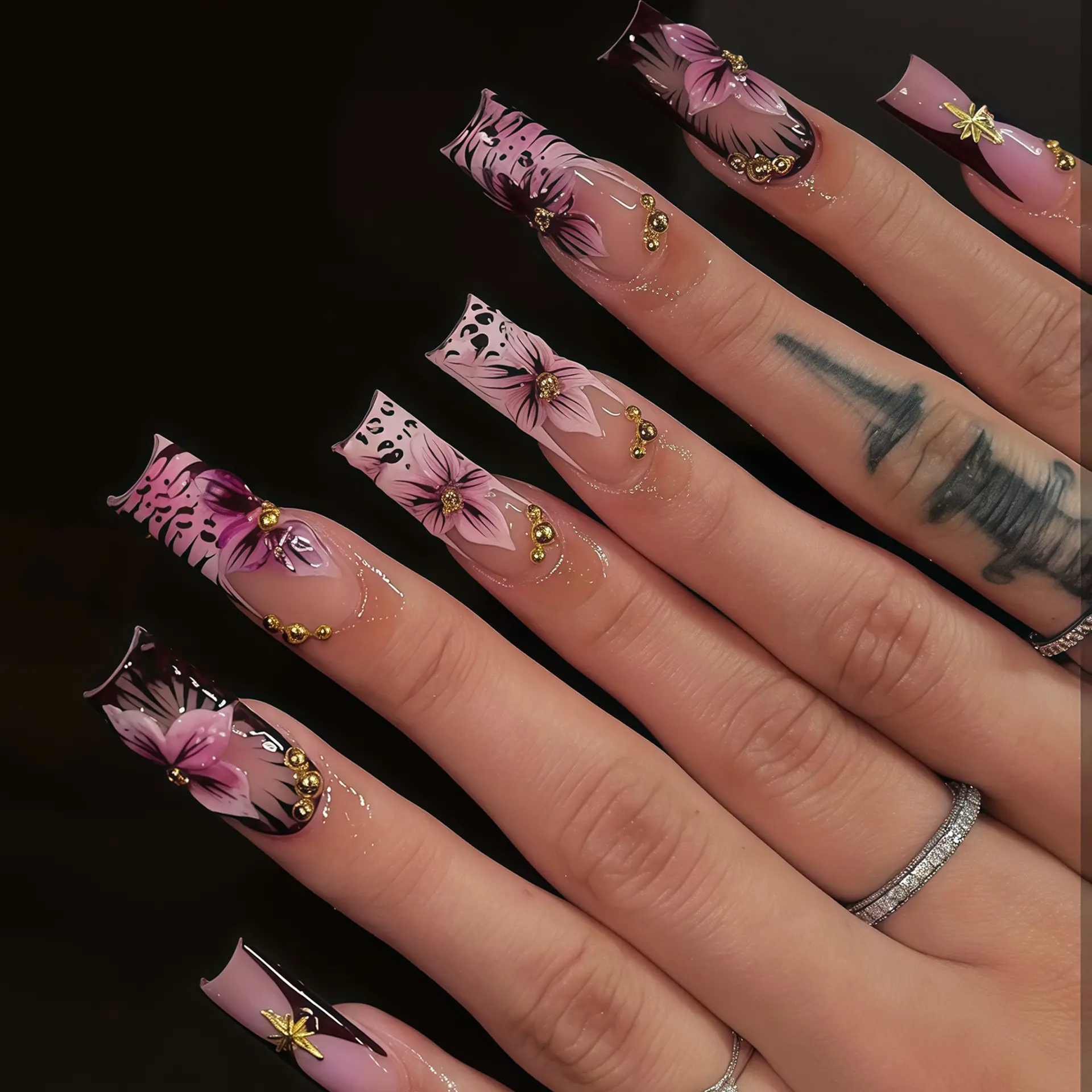 💎Luxury Salon Craft in 3-Min | Long Coffin Press-On Nails, Y2K Baddie Black Pink Gradient Floral, 3D Cross Deco False Nails with Glue, Flower Nails ✨
