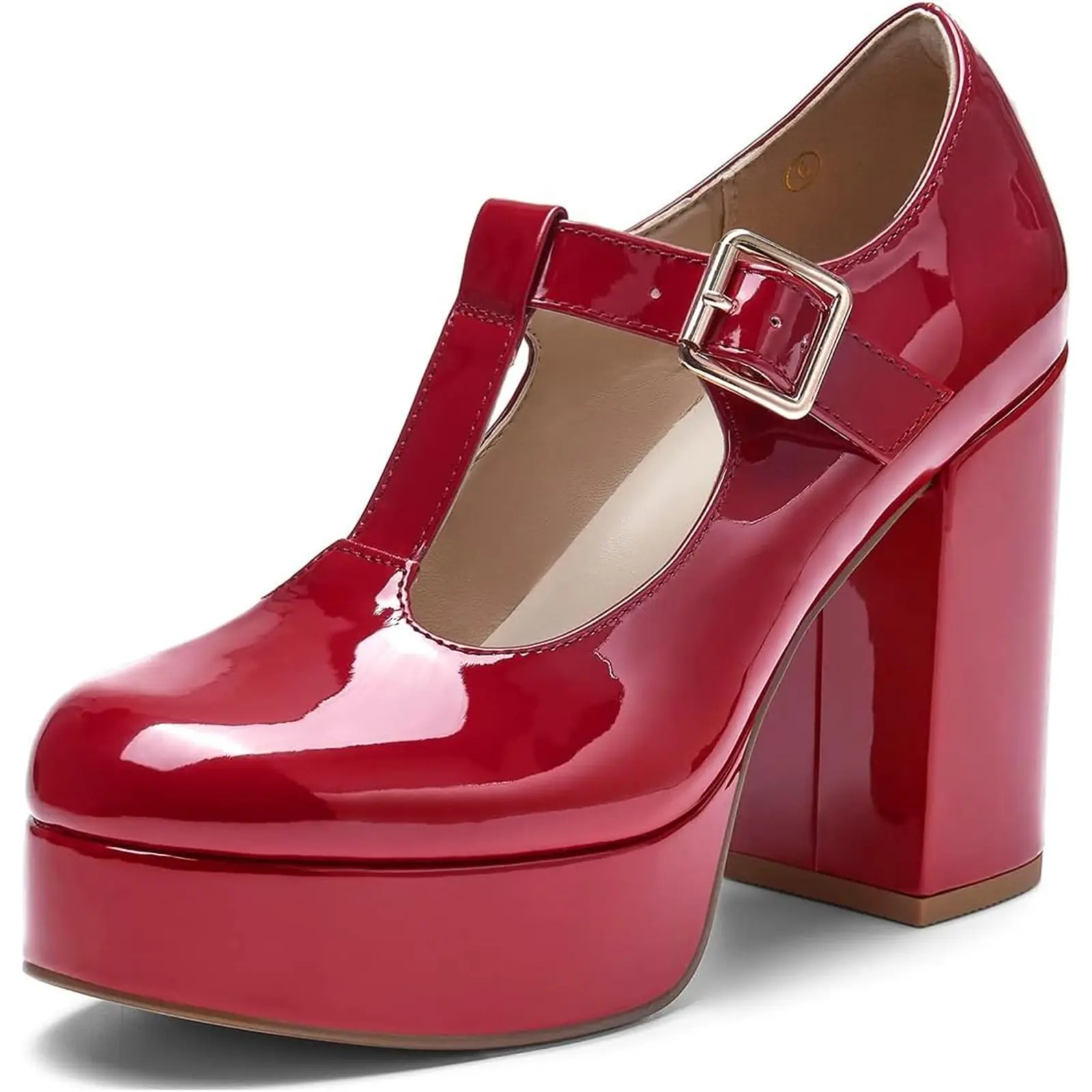 Coutgo Women's Mary Jane Heels, Chic Basic Patent PU Faux Leather Chunky Platform Dress Shoes with a T-Buckle Strap for Casual Wear, Footwear