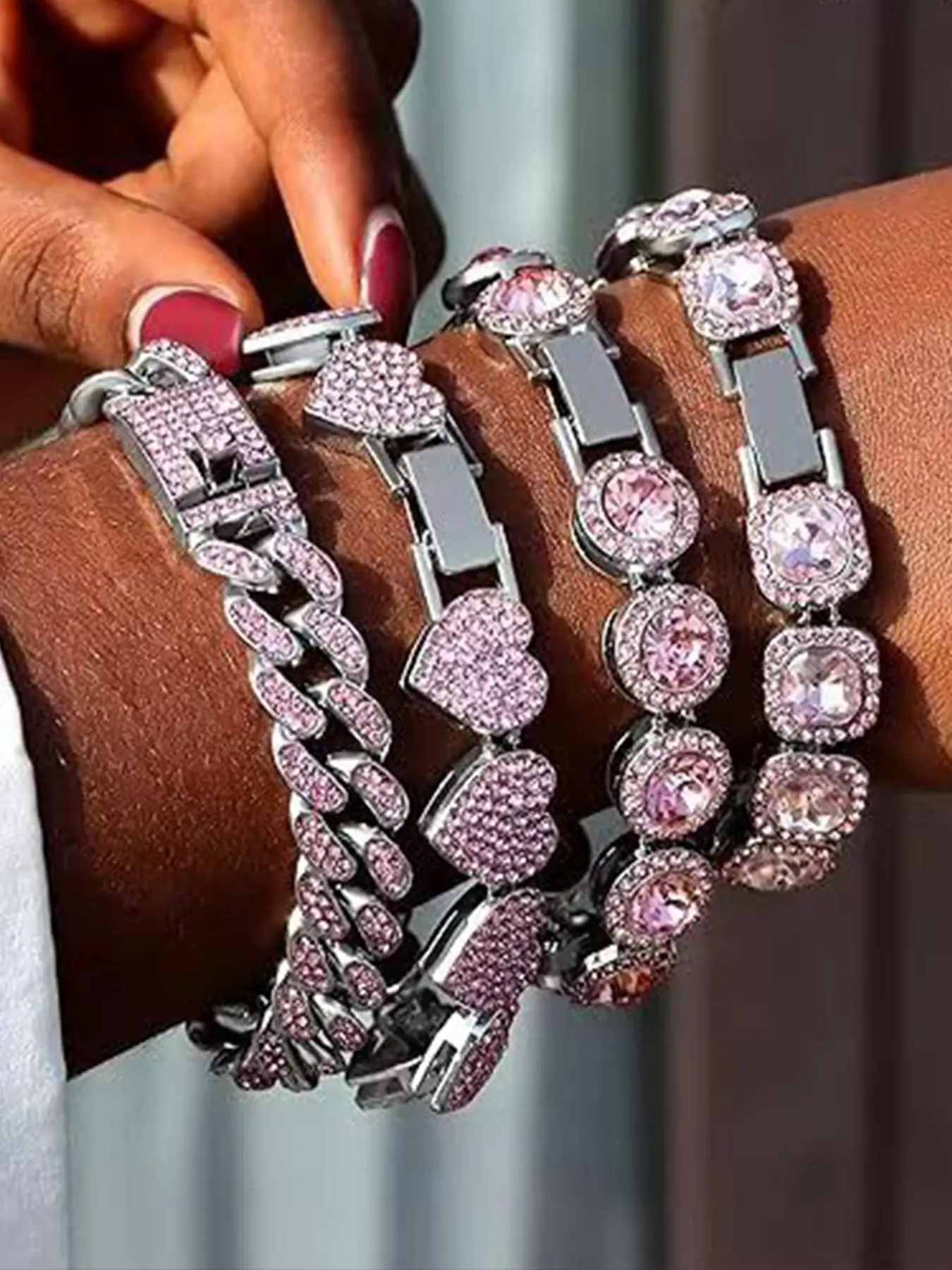 4-Piece Set Fashion Hip-Hop Cuban Chain Bracelets, Bracelet Sets, Rhinestone Polygonal Diamond Hand Chains, Trendy Gift for Friends and Classmates